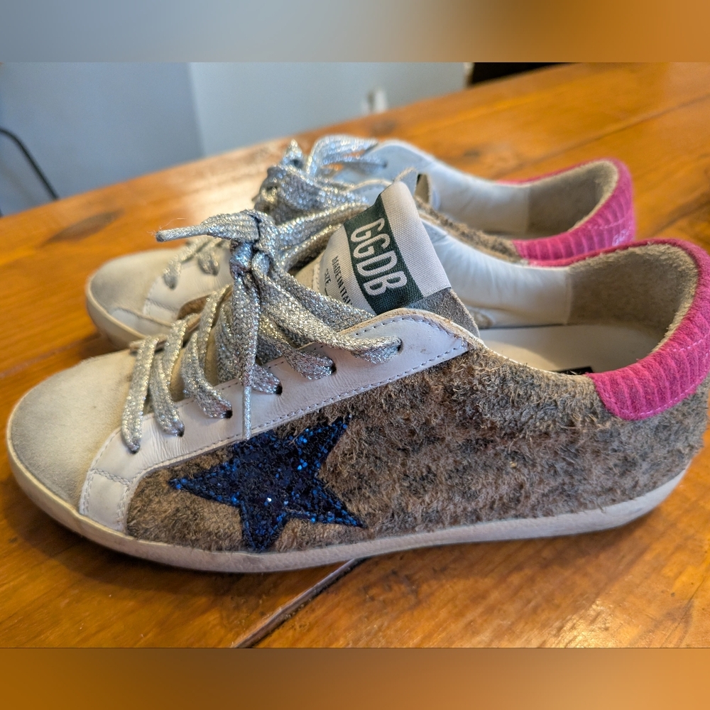 Golden Goose Sneakers with Glittery Blue Star and Pink Heel